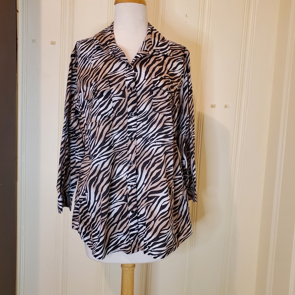 Karen Scott Petites Zebra Print Button Up Top